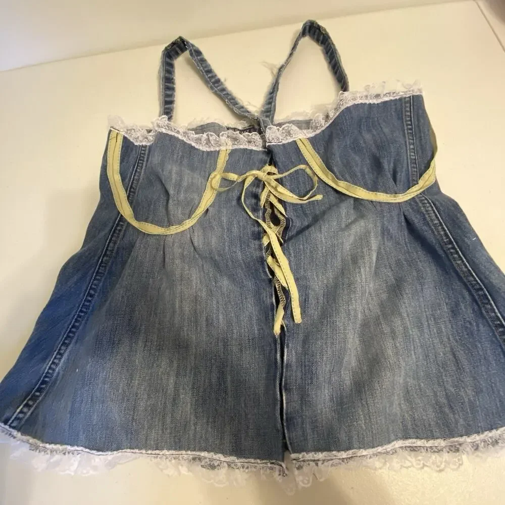 VTG OldNavy BlueDenim LaceTrim Corset Coquette Babydoll Handmade Up cycle L/XL - Picture 4 of 13